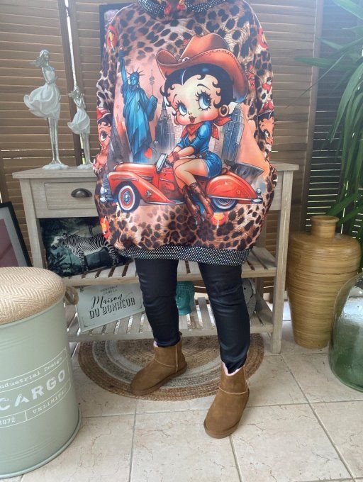 Sweat à capuche Léopard Betty Boop Country Girl strass argentés du 40 au 50/52