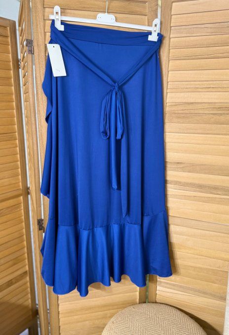Jupe porte-feuille volantée ample taille réglable bleu royal stretch ++++ du 38 au 48/50  