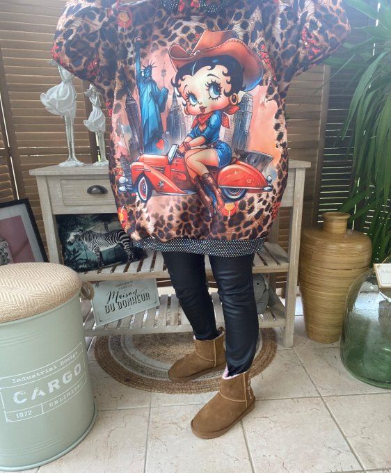 Sweat à capuche Léopard Betty Boop Country Girl strass argentés du 40 au 50/52