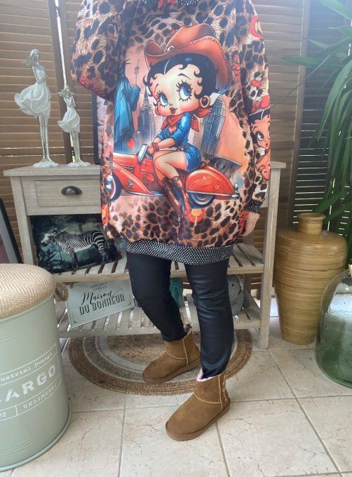Sweat à capuche Léopard Betty Boop Country Girl strass argentés du 40 au 50/52