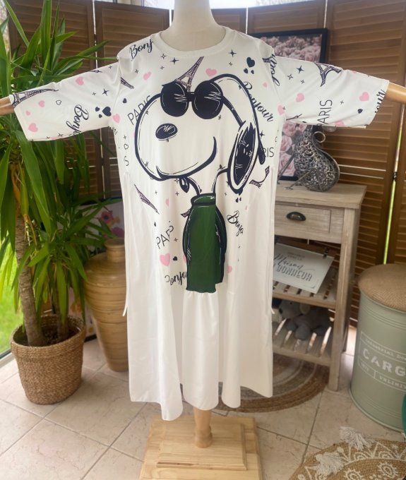 Robe trapèze longue ample blanche taille ajustable Bonjour Snoopy in Paris du 38 au 50 