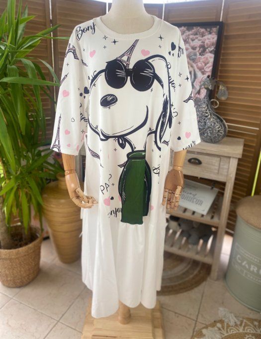 Robe trapèze longue ample blanche taille ajustable Bonjour Snoopy in Paris du 38 au 50 