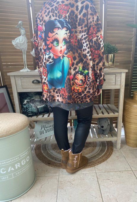 Sweat à capuche Léopard Betty Boop Country Girl strass argentés du 40 au 50/52