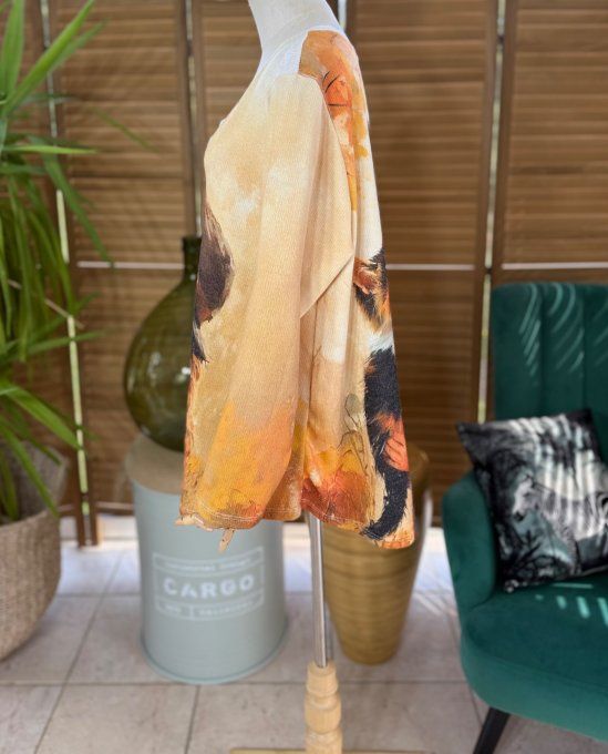 Pull fin trapèze ample beige orangé La Fillette et son Chat Lurex doré or du 38 au 50