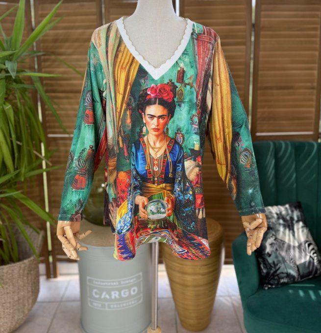 Pull fin trapèze ample multicolore Frida Kahlo Bohémienne Voyante Lurex doré or du 38 au 50  