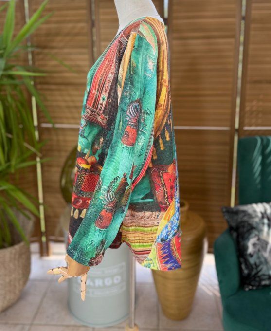 Pull fin trapèze ample multicolore Frida Kahlo Bohémienne Voyante Lurex doré or du 38 au 50  