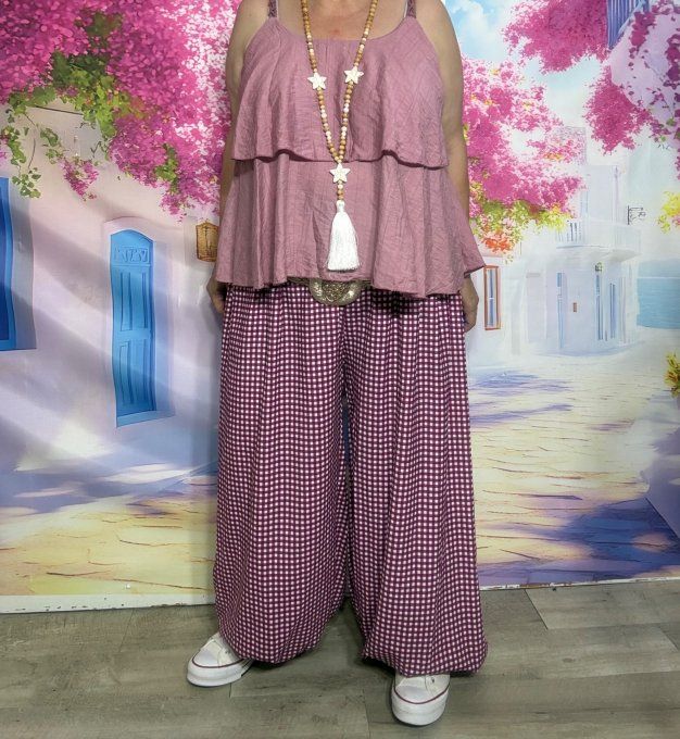 Pantalon "Aladin" Vichy Prune cuisses larges bouffantes bas élastiqué confort +++ du 40 au 54