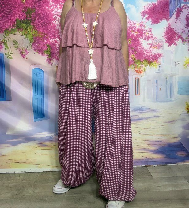 Pantalon "Aladin" Vichy Prune cuisses larges bouffantes bas élastiqué confort +++ du 40 au 54