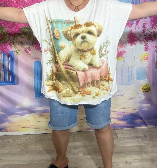 Tee-shirt ample blanc L'Adorable Petit Bichon à lunettes du 42 au 54/56  