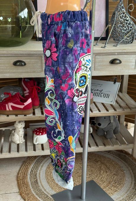 panta jogg  (dit magique) violet délavé Mexican Skulls Calaveras confort +++ du 40 au 50/52   