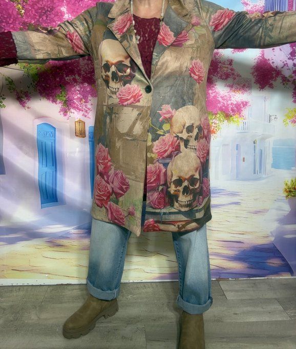 Veste droite longue suédine beige Duo de Skulls Pink Roses du 36 au 48 portée ouverte