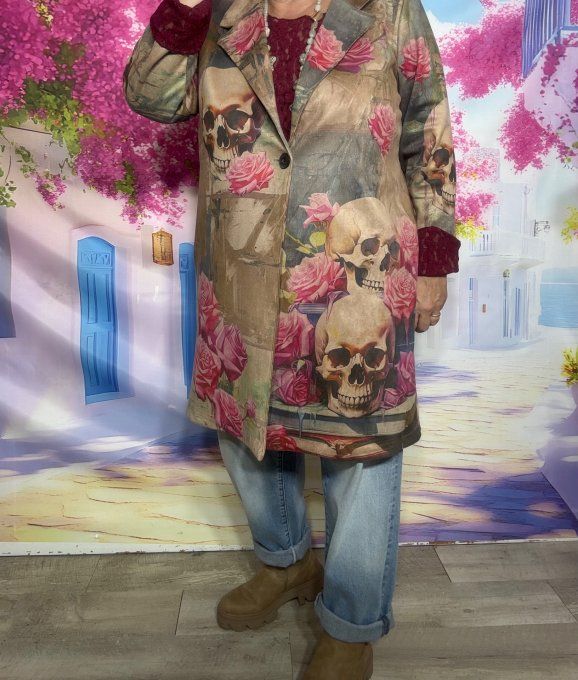 Veste droite longue suédine beige Duo de Skulls Pink Roses du 36 au 48 portée ouverte