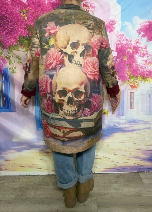 Veste droite longue suédine beige Duo de Skulls Pink Roses du 36 au 48 portée ouverte