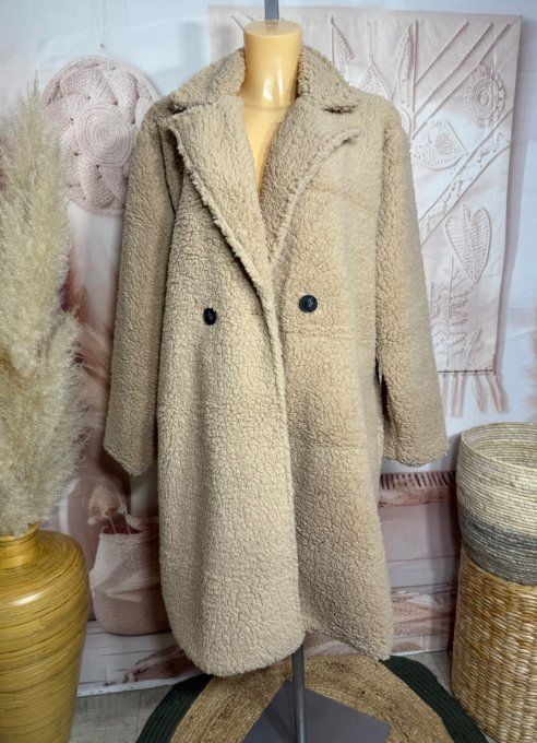 Manteau droit mi-long tout doublé Teddy Beige clair douceur +++++ du 40 au 50 et même +