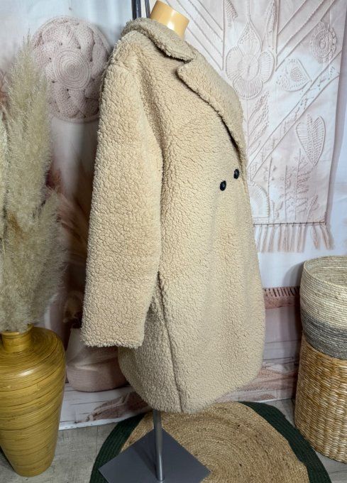 Manteau droit mi-long tout doublé Teddy Beige clair douceur +++++ du 40 au 50 et même +
