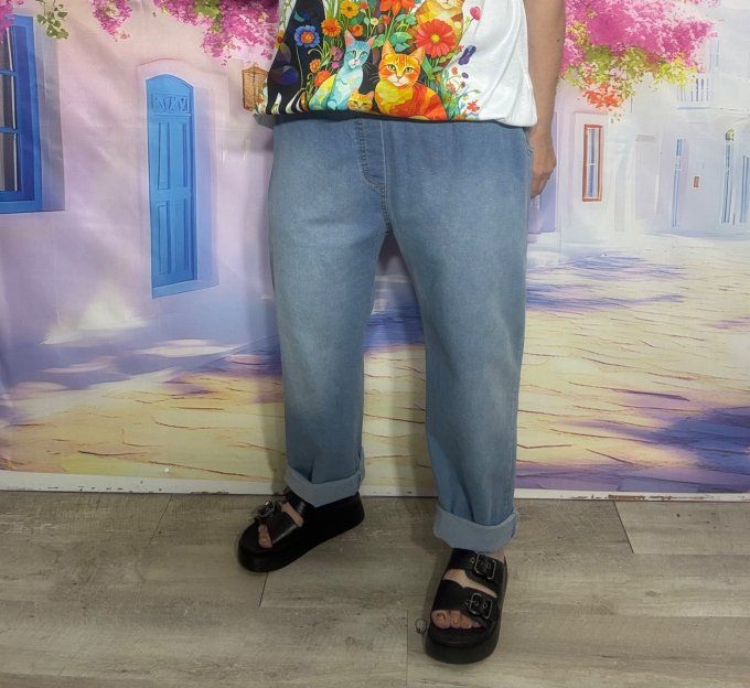 Jeans coupe droite taille élastiquée stone Mina Rosa + ceinture offerte Stretch ++ du 40 au 48