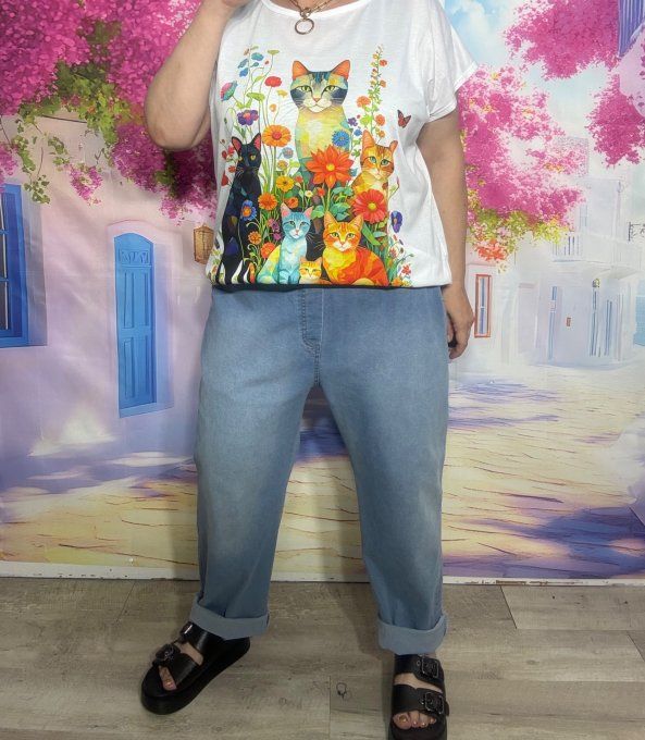 Jeans coupe droite taille élastiquée stone Mina Rosa + ceinture offerte Stretch ++ du 40 au 48