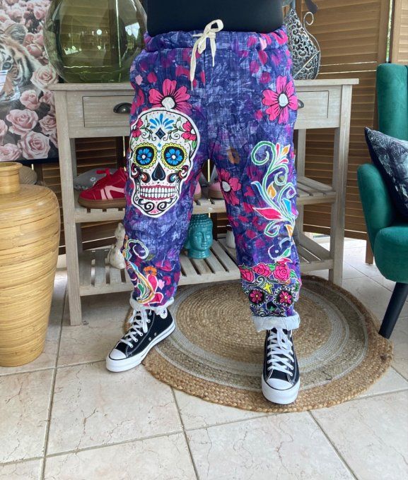 panta jogg  (dit magique) violet délavé Mexican Skulls Calaveras confort +++ du 40 au 50/52   