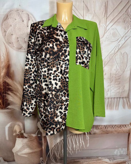 Chemise ample bicolore vert pistache Léopard camel caramel du 40 au 50/52   