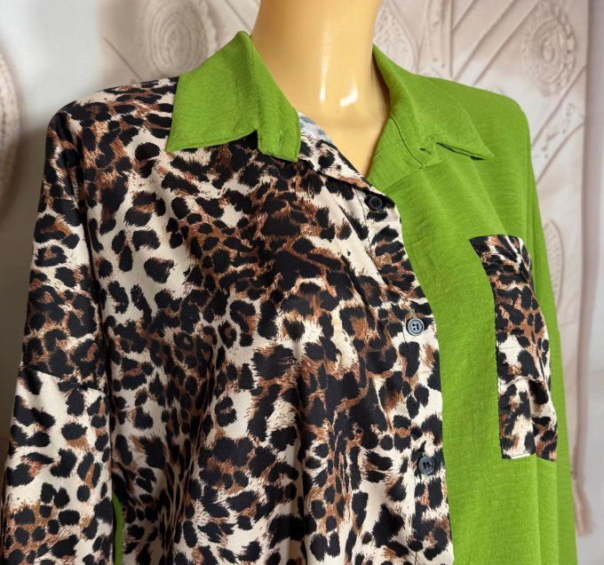 Chemise ample bicolore vert pistache Léopard camel caramel du 40 au 50/52   