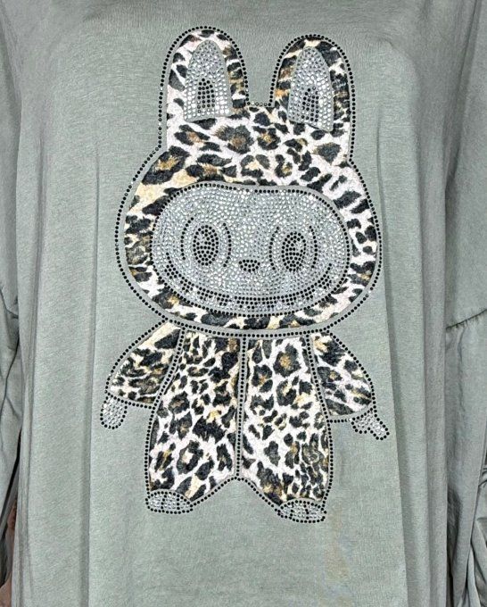 Tunique asymétrique kaki clair Labubu Léopard strass du 40 au 50/52 