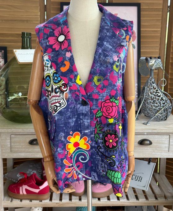Gilet type barman sans manches violet délavé Mexican Skulls  Calaveras du 40 au 50 et même +