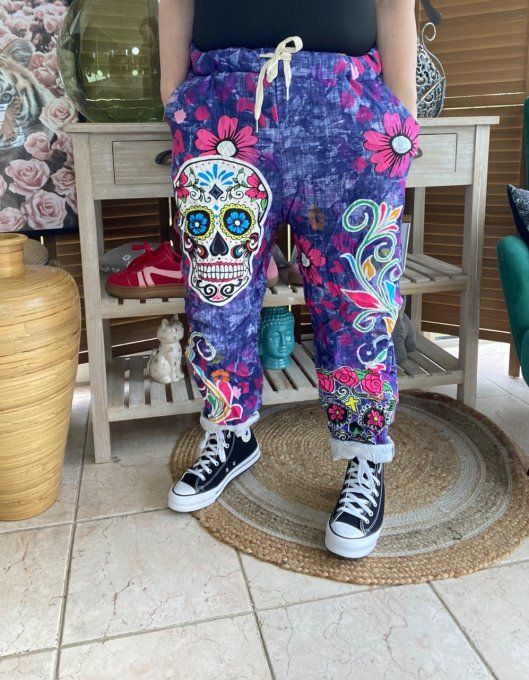 panta jogg  (dit magique) violet délavé Mexican Skulls Calaveras confort +++ du 40 au 50/52   