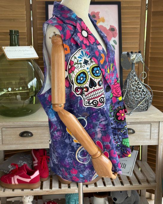 Gilet type barman sans manches violet délavé Mexican Skulls  Calaveras du 40 au 50 et même +