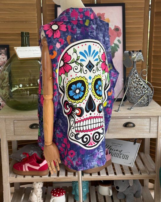 Gilet type barman sans manches violet délavé Mexican Skulls  Calaveras du 40 au 50 et même +
