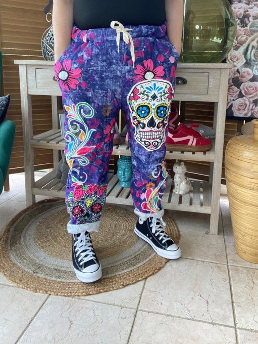 panta jogg  (dit magique) violet délavé Mexican Skulls Calaveras confort +++ du 40 au 50/52   