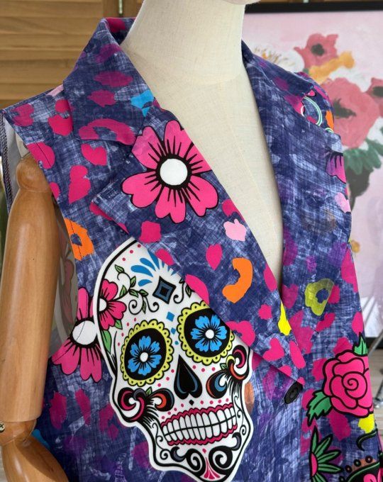 Gilet type barman sans manches violet délavé Mexican Skulls  Calaveras du 40 au 50 et même +