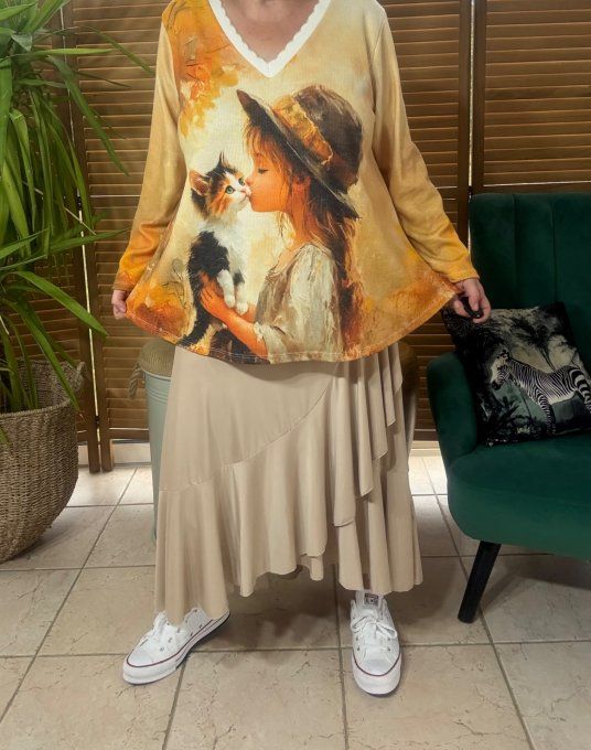 Pull fin trapèze ample beige orangé La Fillette et son Chat Lurex doré or du 38 au 50