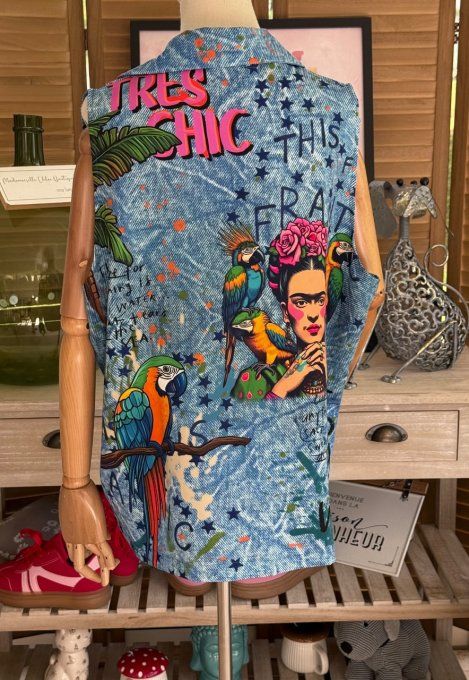 Gilet type barman sans manches effet jeans délavé Frida Kahlo du 40 au 50 et même + 