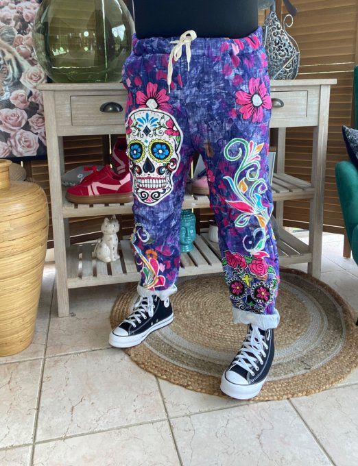 panta jogg  (dit magique) violet délavé Mexican Skulls Calaveras confort +++ du 40 au 50/52   