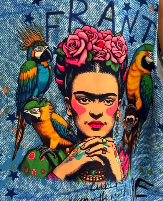 Gilet type barman sans manches effet jeans délavé Frida Kahlo du 40 au 50 et même + 