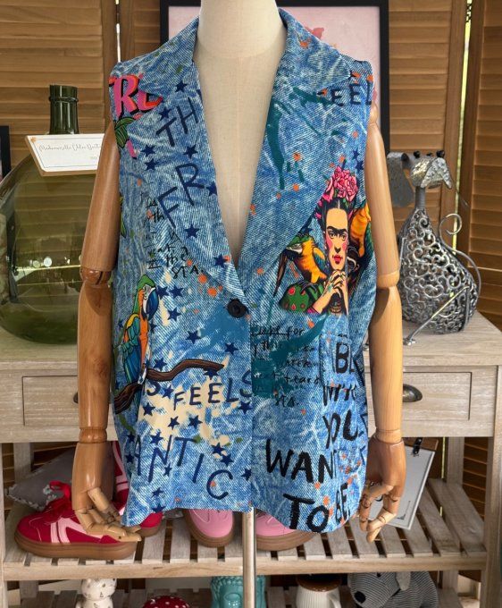Gilet type barman sans manches effet jeans délavé Frida Kahlo du 40 au 50 et même + 