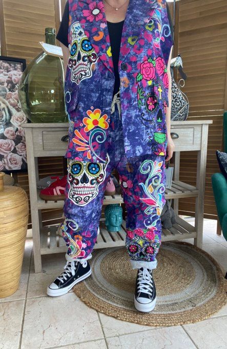 Gilet type barman sans manches violet délavé Mexican Skulls  Calaveras du 40 au 50 et même +