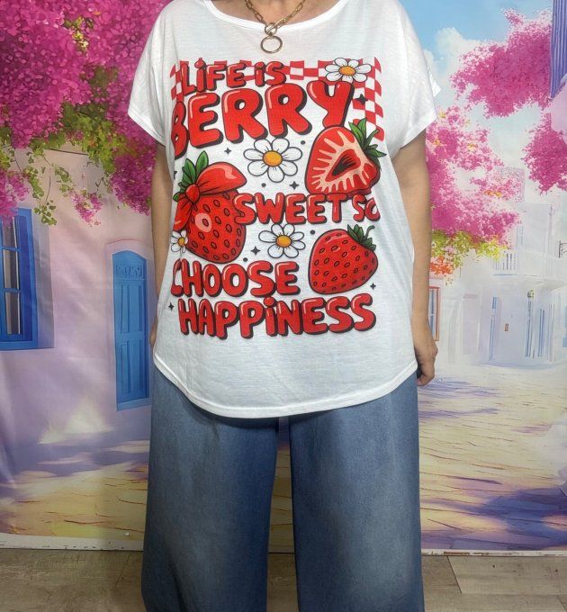 Tee-shirt ample blanc Les Fraises, c'est la Vie du 38 au 50/52  