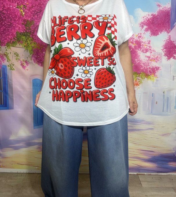 Tee-shirt ample blanc Les Fraises, c'est la Vie du 38 au 50/52  