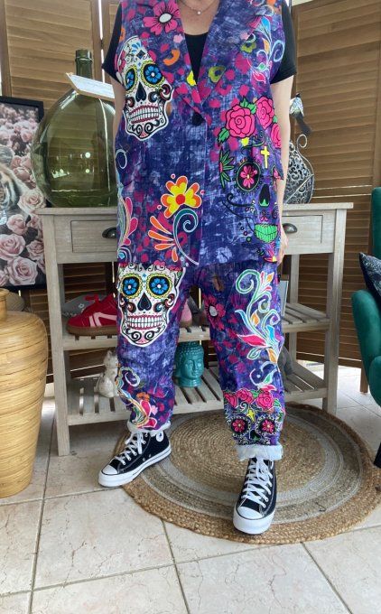 Gilet type barman sans manches violet délavé Mexican Skulls  Calaveras du 40 au 50 et même +