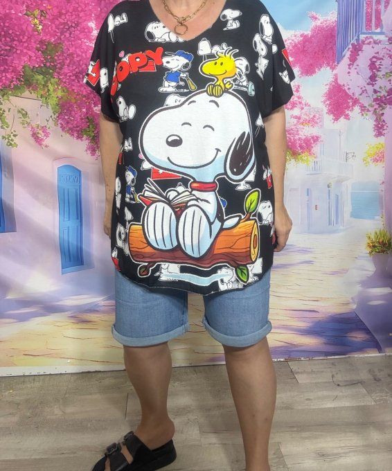 Tee-shirt ample noir Adorable Snoopy Peanuts Charlie Brown du 42 au 54/56 