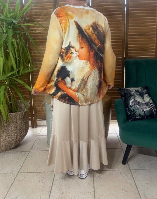 Pull fin trapèze ample beige orangé La Fillette et son Chat Lurex doré or du 38 au 50