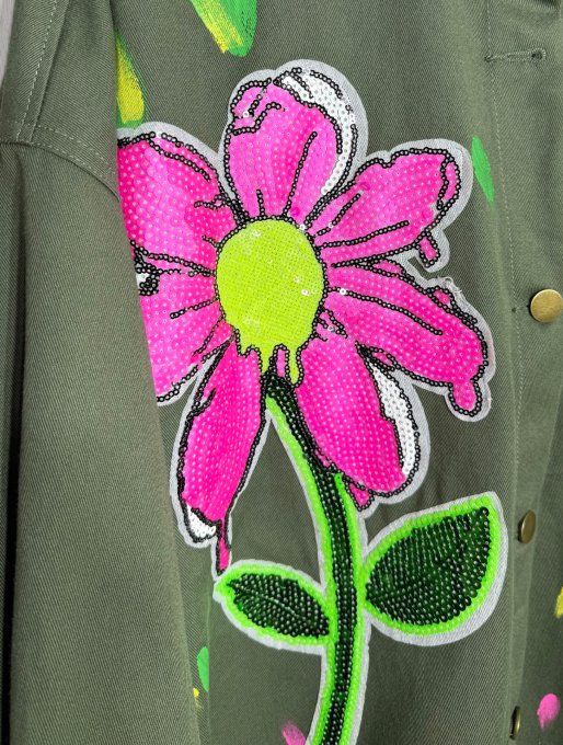 Surchemise en jeans Kaki oversize Fleurs sequins Painting Spirit Fly Out du 42 au 50 et même +