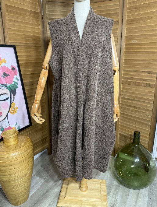 gilet long sans manches ample bouclette chocolat chiné du 40 au 52 