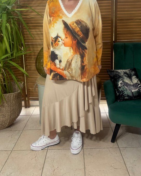 Pull fin trapèze ample beige orangé La Fillette et son Chat Lurex doré or du 38 au 50