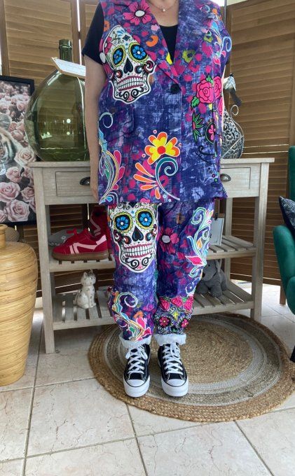 Gilet type barman sans manches violet délavé Mexican Skulls  Calaveras du 40 au 50 et même +
