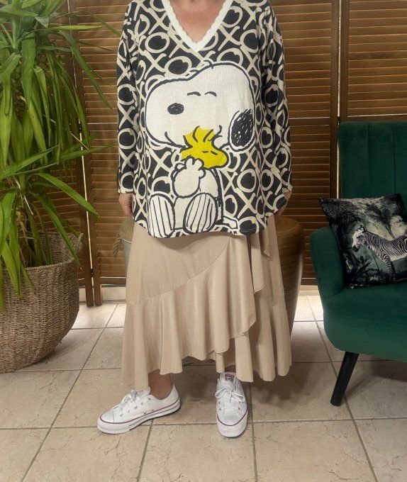 Pull fin trapèze ample noir crème  Snoopy & Woodstock Lurex doré or du 38 au 50 