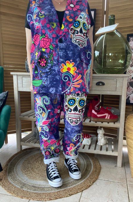 Gilet type barman sans manches violet délavé Mexican Skulls  Calaveras du 40 au 50 et même +