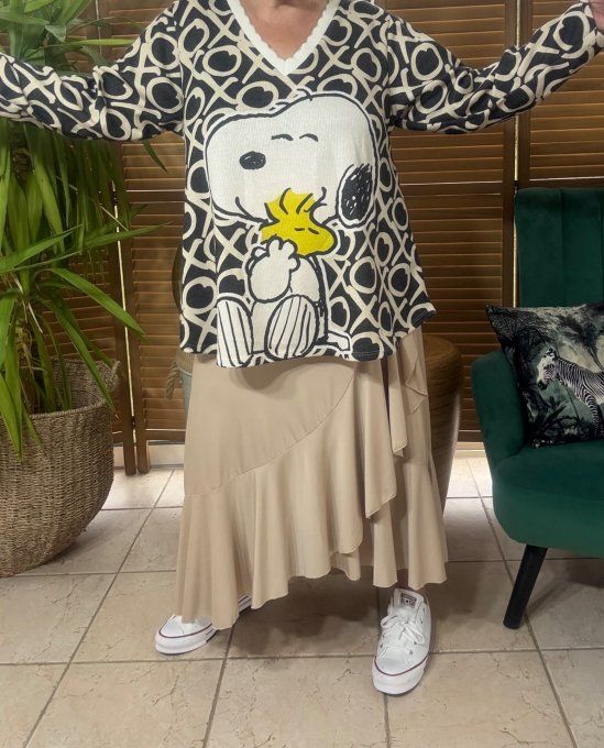 Pull fin trapèze ample noir crème  Snoopy & Woodstock Lurex doré or du 38 au 50 