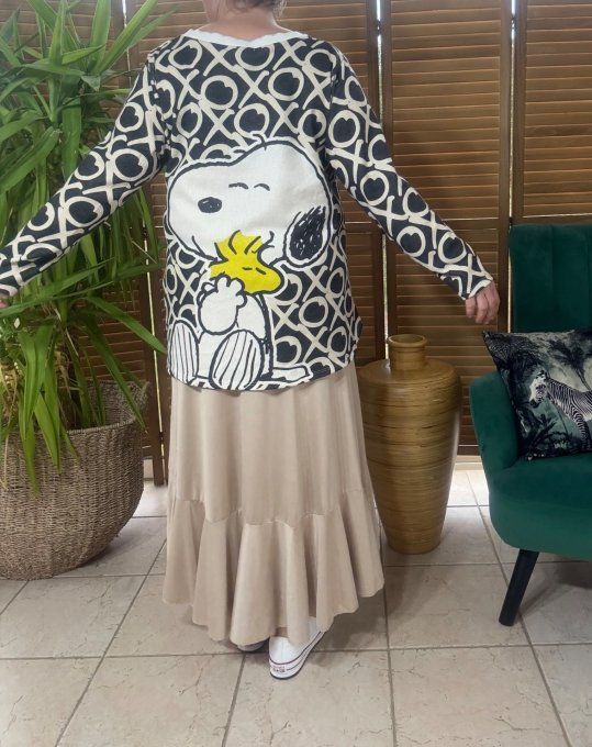 Pull fin trapèze ample noir crème  Snoopy & Woodstock Lurex doré or du 38 au 50 